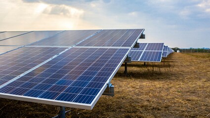 Large array of solar panels installed on dry farmland under open sky, capturing clean, renewable energy for sustainable power production and environmental conservation.
