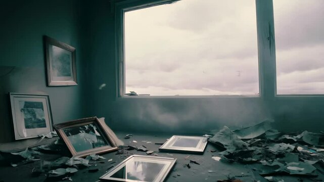 Destroyed interior room with broken objects and empty window opening onto cloudy sky. Concept of loss, ruin and memory