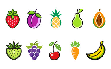 Set of fresh fruits vector illustration including Strawberry, plum, pineapple, pear, papaya, kiwi, grapes, cherry, Carrot and banana