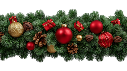 Christmas garland with red and gold ornaments pine cones and gifts isolated on transparent background