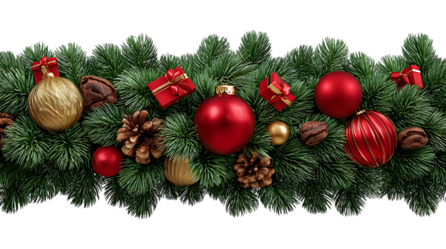 Christmas garland with red and gold ornaments pine cones and gifts isolated on transparent background
