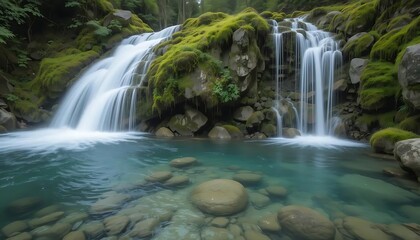 Naklejka premium Serene Waterfall Scene: Mossy Rocks and Crystal Clear Water. Relaxing nature environment