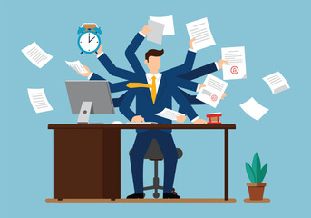 Multitasking in Business: Overworked Professional Managing Tasks with Multiple Arms, Symbolizing Efficiency and Productivity.