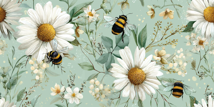 Summer Daisy Bees Seamless Pattern Artistic Floral Botanical Print for Fabric Wallpaper Design