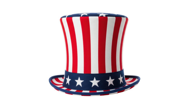 A classic uncle sam top hat featuring red and white stripes with a blue band adorned with white stars, symbolizing american patriotism and independence.