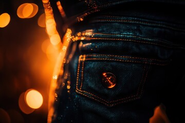 Close-up of dark denim back pocket