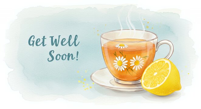 Watercolor Get Well Soon Card with Chamomile Tea and Lemon