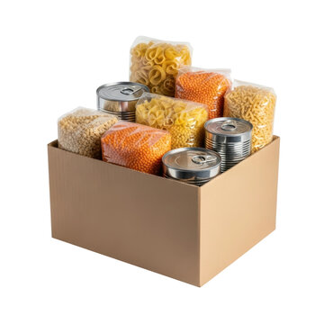 A brown cardboard box is filled with various non perishable food items such as pasta, lentils, and canned goods, ready for donation or emergency aid.