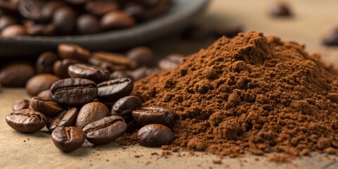 A pile of ground coffee and whole roasted coffee beans close up