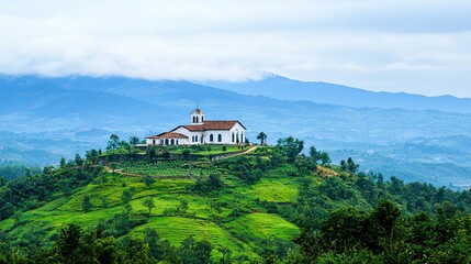 Fototapeta premium A white church sits atop a lush green hill, surrounded by trees, overlooking distant mountains under a cloudy sky.