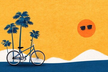 A stylized illustration of a bicycle near palm trees with a bright orange sun wearing sunglasses,...