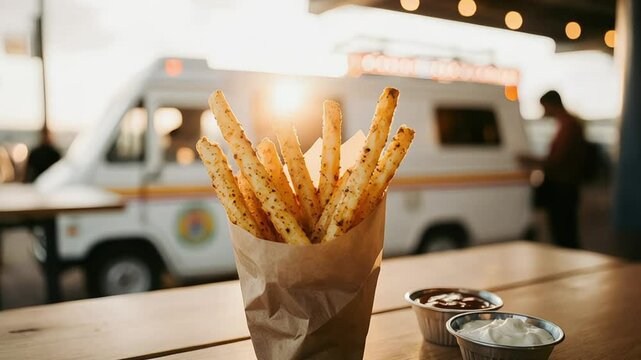 Fries served at outdoor food truck with dipping sauces on wood table