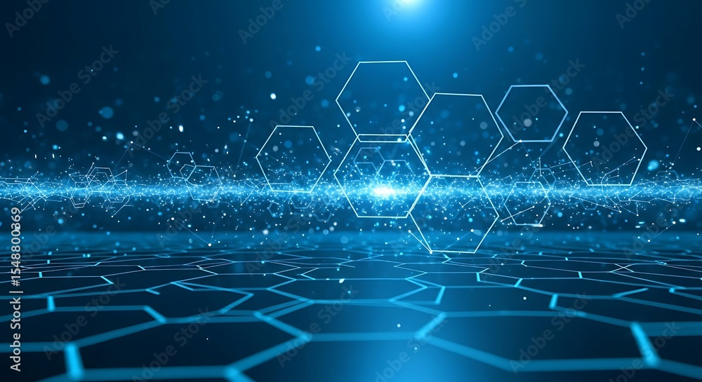 Poster abstract digital background with interconnected hexagons and glowing light, creating a futuristic te
