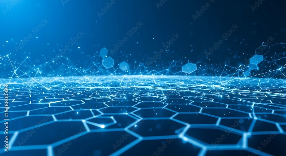 Poster abstract digital illustration of a hexagonal grid network with glowing lines and particles.