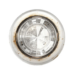 Circular glass dish with dust and debris on white background  