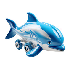 Toy dolphin on wheels in blue color for children's playtime  