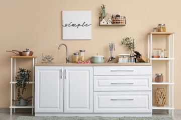 Interior of kitchen with counters, shelf units and utensils