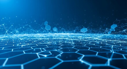 Abstract digital illustration of a hexagonal grid network with glowing lines and particles.