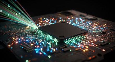 Obraz premium High Tech Microchip Circuit Board with Fiber Optic Data Streams