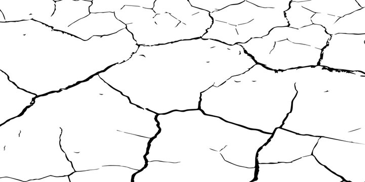 A high-contrast black and white texture of cracked earth or dry, parched ground. The image features irregular, jagged fissures and organic shapes, creating a fragmente.