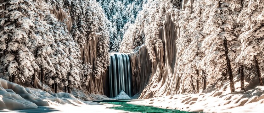 Winter waterfall in a snowy forest