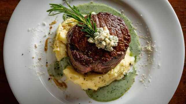 A beautifully plated steak with creamy mashed potatoes and a garnish of rosemary, showcasing gourmet dining at its finest.