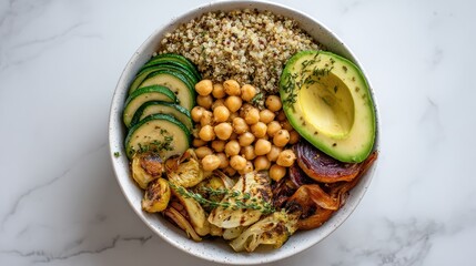A colorful and nutritious bowl featuring quinoa, chickpeas, avocado, grilled vegetables, and fresh herbs for a healthy meal.
