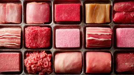 Fototapeta premium A colorful array of various meat types displayed in an organized tray, showcasing different textures and cuts for culinary inspiration.