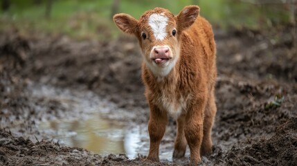 Fototapeta premium A curious calf stands in a muddy area, ready for its next adventure in the lush countryside.