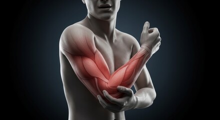 Person Experiencing Arm Discomfort. Health Concept of Pain, Inflammation, or Overuse, Elbow and Arm Pain, Concept for Arthritis, Tennis Elbow, or Repetitive Strain Injury