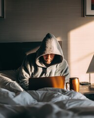Laptop Work in Bed with Coffee Cup