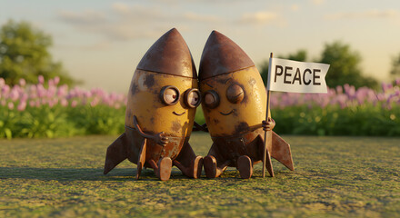 Rusty Rockets A whimsical 3D render depicting two charming rocket characters embracing, one holding a peace flag, set against a serene nature backdrop.