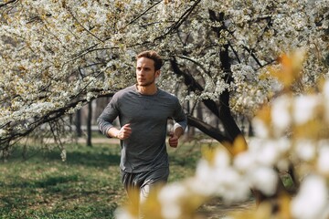 Man Running in Spring with Flowering Trees