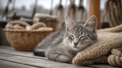 Peaceful gray cat resting on cozy knit pillow with wicker baskets in the background