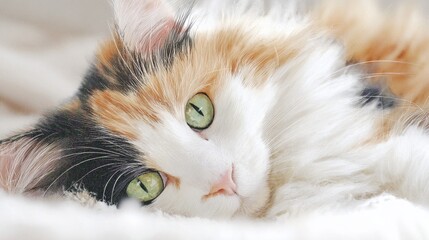 Fototapeta premium Close-up of fluffy calico cat relaxing on soft blanket with green eyes