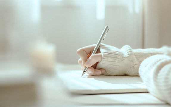 Hand in a cozy cream sweater holds a silver pen while writing on a notebook in soft natural light, creating a peaceful moment of journaling or personal reflection.