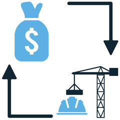 Buying construction icon vector, symbolizing investment in property or building materials. Ideal for real estate, procurement, home buying, and development finance.