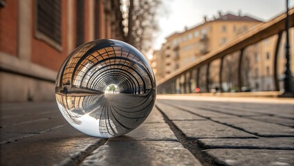 Architectural Reflection in a Crystal Ball on a Cobblestone Street with a Blurred Building Background in a City Environment