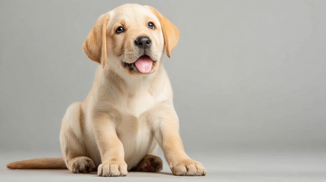 Adorable and playful Labrador puppy sitting with a cheerful expression, perfect for pet lovers and animal enthusiasts. - Powered by Adobe