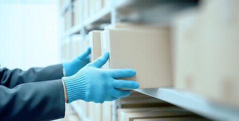 Close view of a courier wearing gloves while transferring a sealed cardboard box into a vehicle, representing shipping efficiency and package safety.