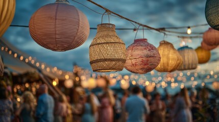 Fototapeta premium Colorful lanterns hanging at outdoor party during twilight hours 