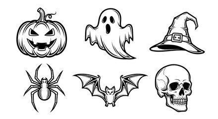 Collection of spooky halloween elements including pumpkin ghost witch hat spider bat and skull artfully arranged