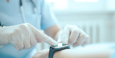 Doctor wearing gloves using a modern smartwatch interface during a healthcare procedure, illustrating smart wearable tech integration in medical environments.