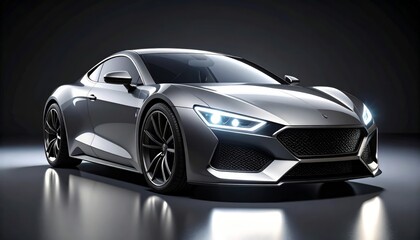 A sleek futuristic sports car featuring cool white LED headlights on a dark minimal background