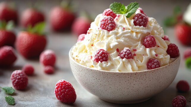 Deliciously Creamy Raspberry Dessert Topped with Fresh Berries and Mint Leaves - Powered by Adobe