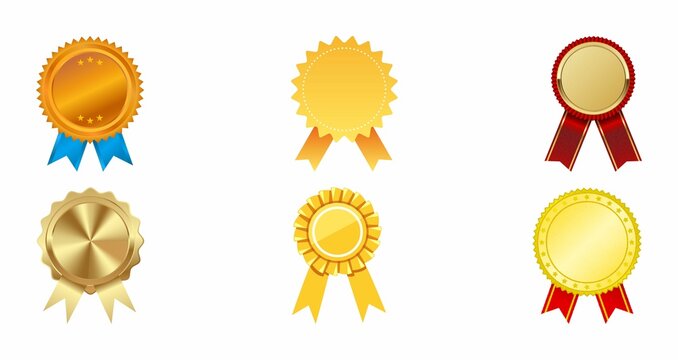 Gold award medals and ribbons set.