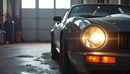Headlight glows on a classic sports car, parked in a dim, vintage-styled garage evoking nostalgia.