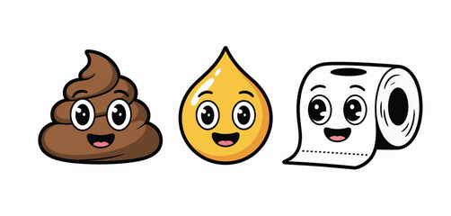 Cute Poop, Droplet, and Toilet Paper Cartoon Characters