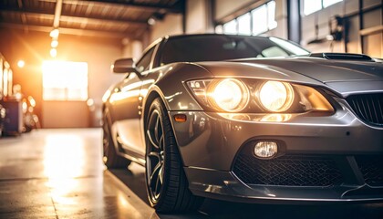 Retro-inspired sports car in a dimly lit garage; headlights illuminate with a vintage color grading.