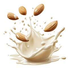 Almonds splashing in creamy almond milk delicious drink healthy beverage, isolated on a white background